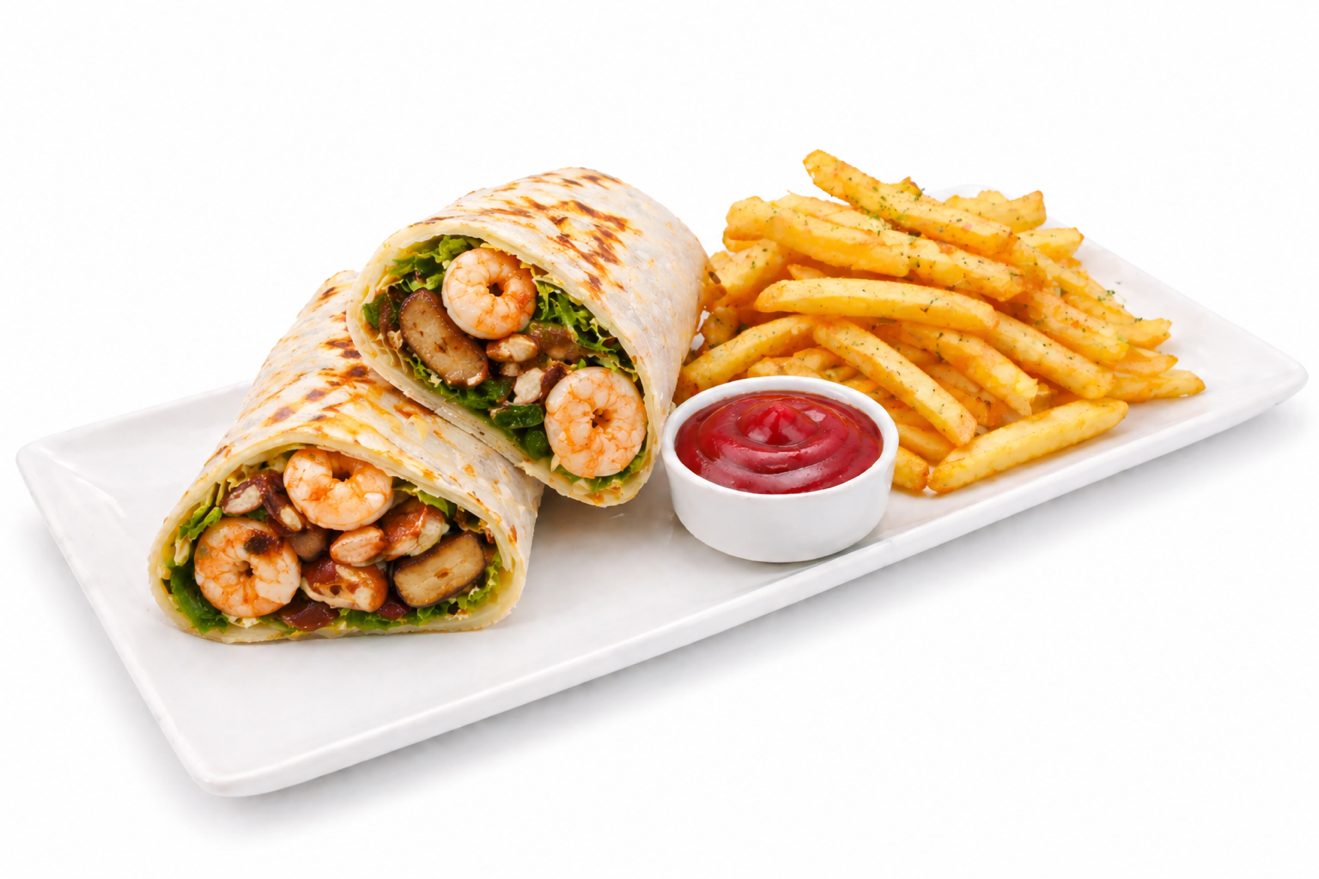 Shrimp & Portobello Wrap + Fries.