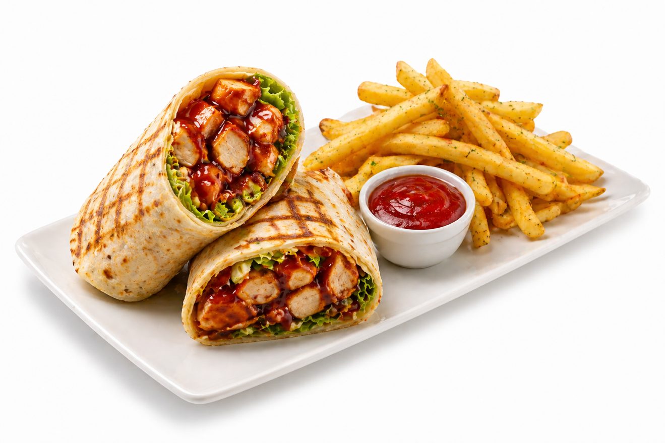 Texas BBQ Chicken Wrap + Fries.