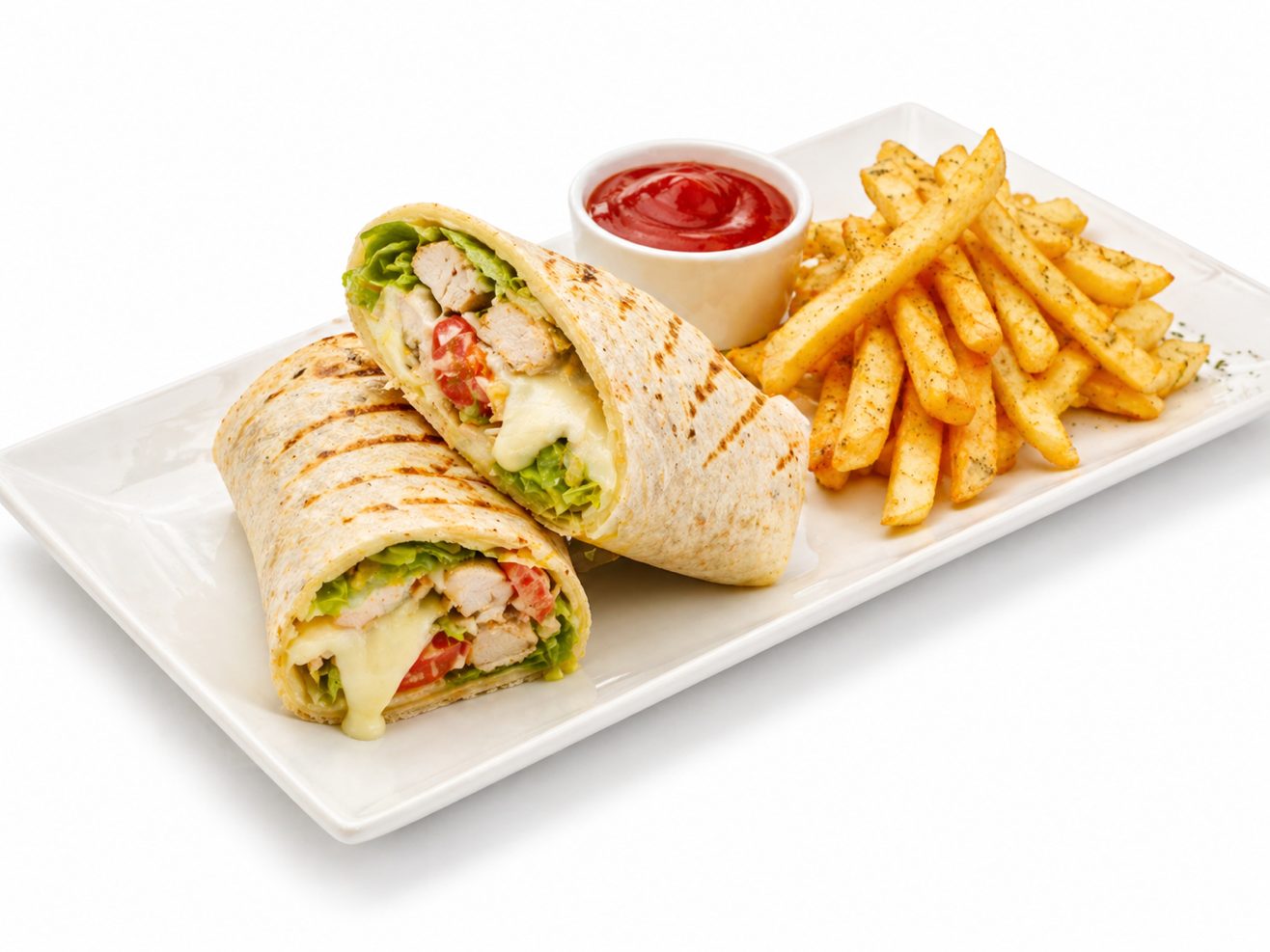 Grilled Chicken & Mozzarella Wrap + Fries.