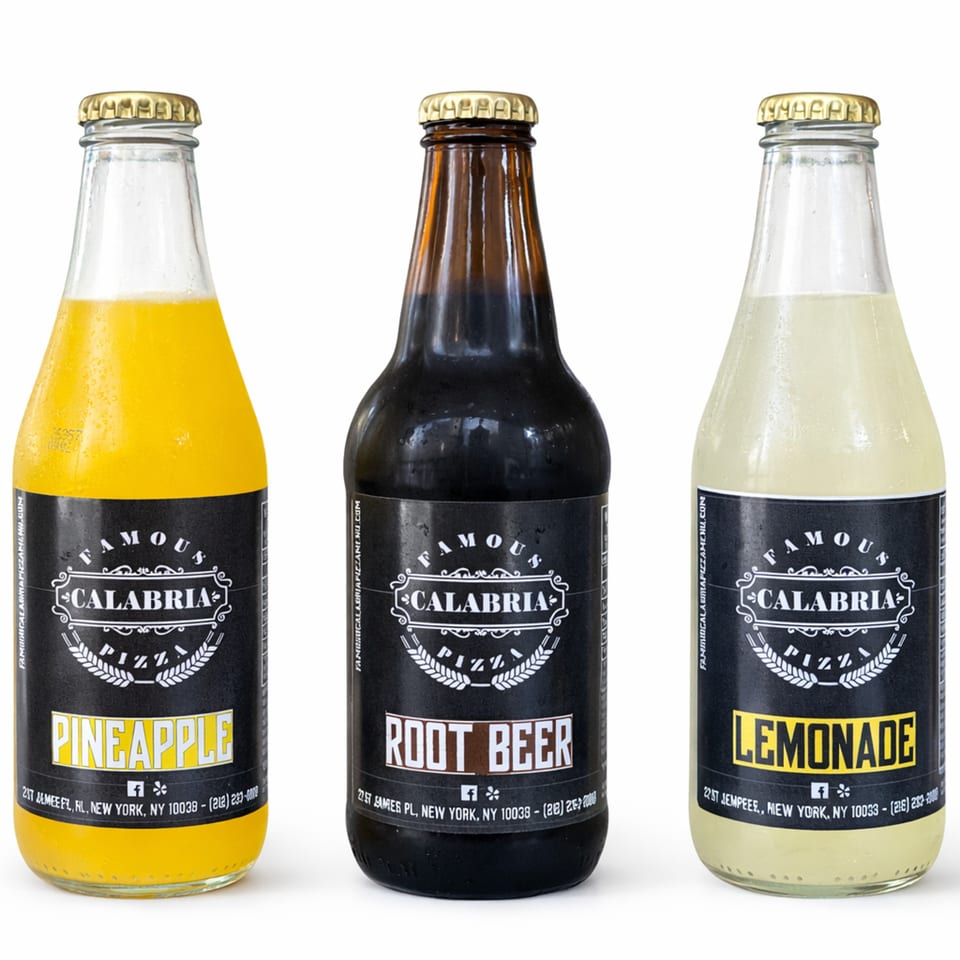 Three Famous Calabria Pizza bottled beverages: Pineapple, Root Beer, and Lemonade, against a white background.