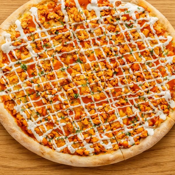 Overhead view of a whole buffalo chicken pizza, drizzled with ranch and hot sauce, on a wooden table.
