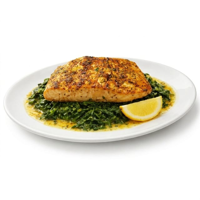 Grilled Salmon Over Sauteed Spinach.