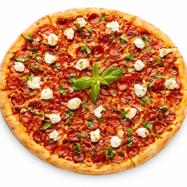 A whole pepperoni pizza with dollops of ricotta cheese and fresh basil leaves, sliced into wedges.