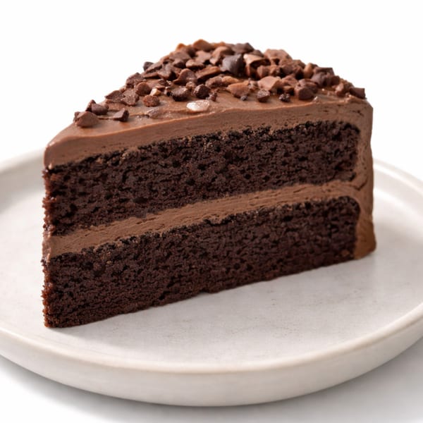 A slice of rich chocolate cake with chocolate frosting and chocolate chip topping on a white plate.