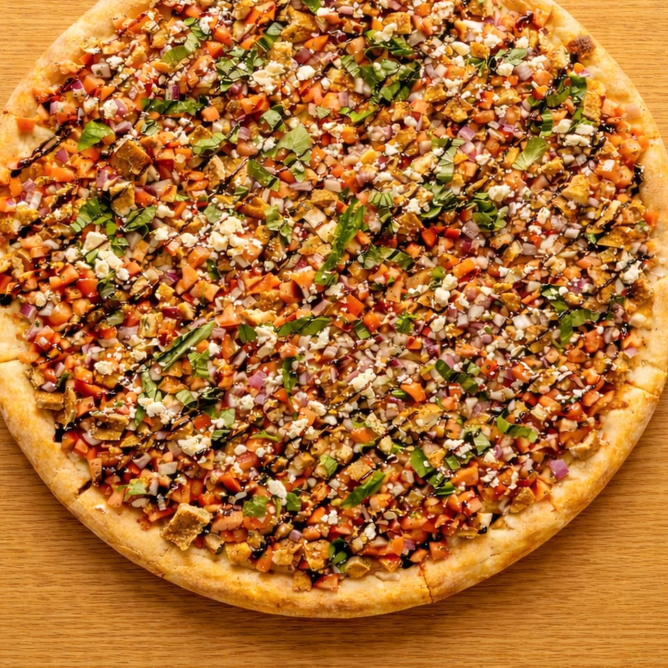 A whole pizza topped with diced tomatoes, chicken, red onion, feta, basil, and balsamic glaze.